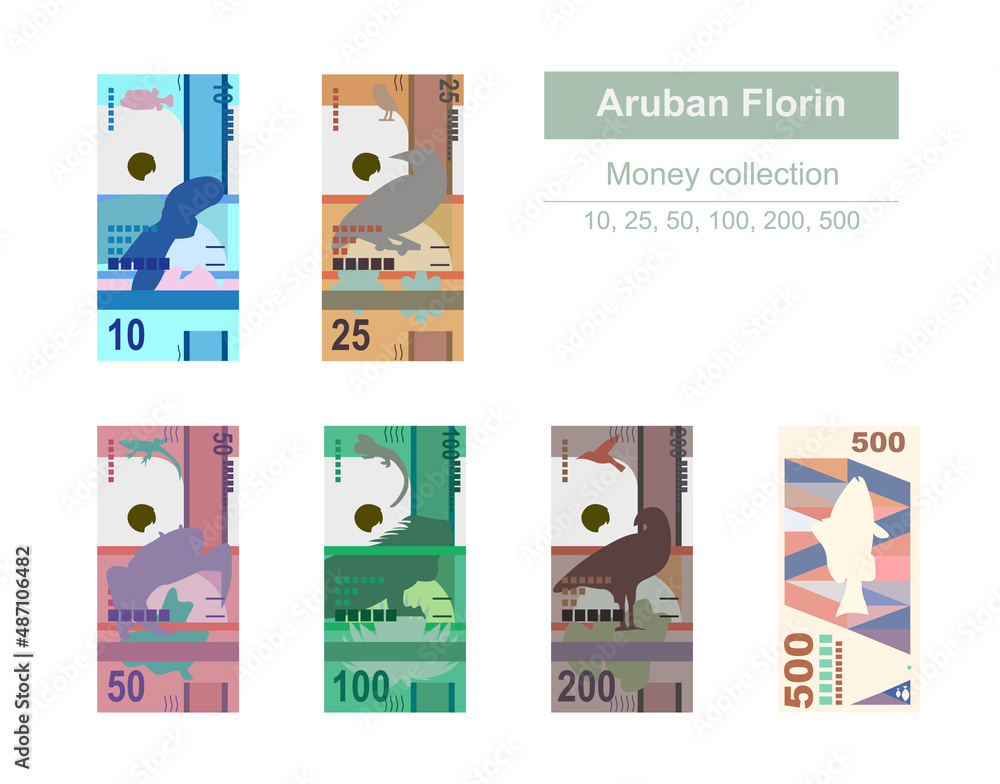 Aruban Florin Vector Illustration. Aruba, Netherlands money set bundle banknotes. Paper money 10, 25, 50, 100, 200, 500 AWG. Flat style. Isolated on white background. Simple minimal design.