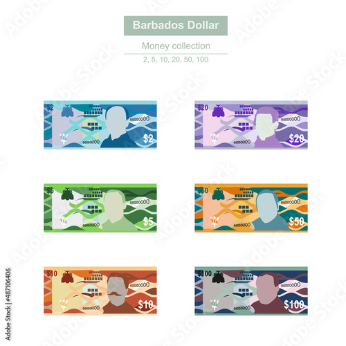 Barbados Dollar Vector Illustration. Barbadian money set bundle banknotes. Paper money 2, 5, 10, 20, 50, 100 BBD. Flat style. Isolated on white background. Simple minimal design.