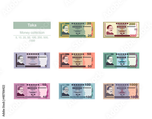 Bangladeshi Taka Vector Illustration. Bangladesh money set bundle banknotes. Paper money 5, 10, 20, 50, 100, 200, 500, 1000 BDT. Flat style. Isolated on white background. Simple minimal design.