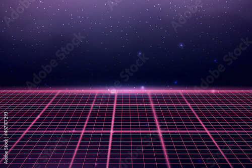 Wireframe perspective grid. Space neon infinity mesh, abstract retro background. Vector illustration