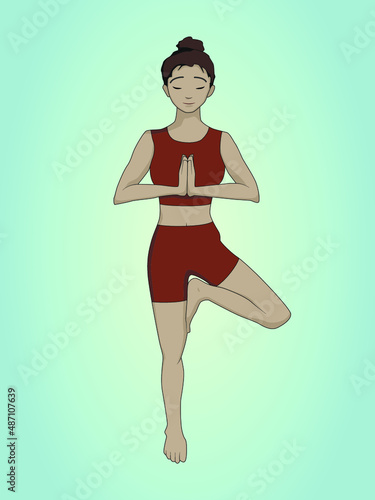 Woman doing yoga, tree pose, vrksasana, vector illustration