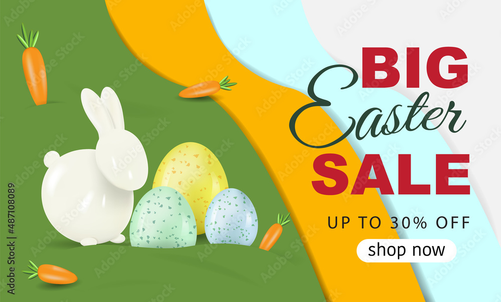 Easter banner for advertisement. Happy Easter background with a decorative bunny, eggs and carrots. Vector realistic background. Vector illustration