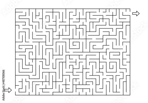 Rectangle labyrinth with entry and exit. Line maze game. Hard -Medium complexity. Kids maze puzzle, vector illustration