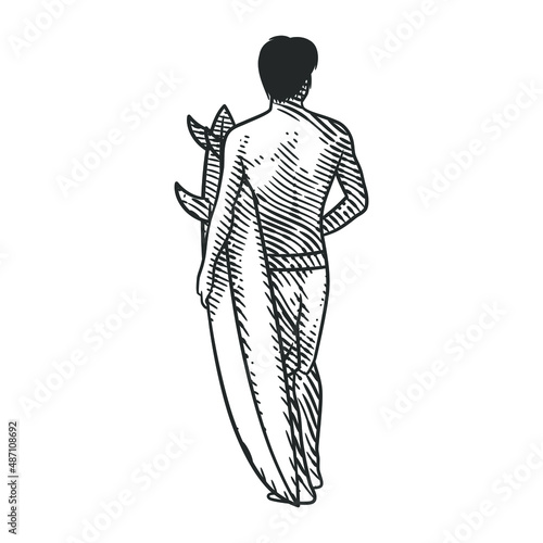 Man with surfboard vector illustration in engraving style