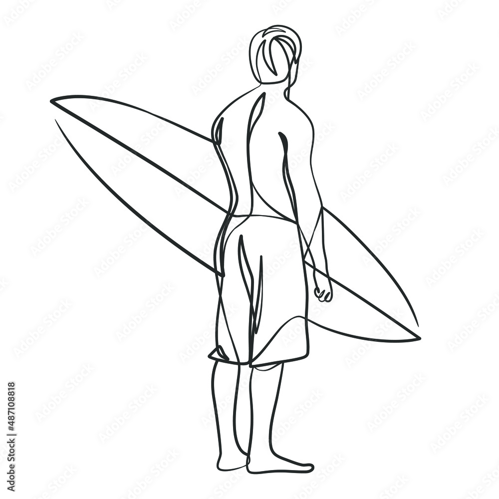 Continuous line drawing of a surfer with a surfboard Stock Vector ...