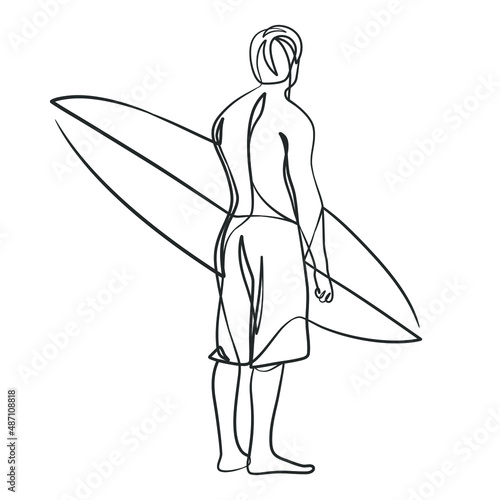 Continuous line drawing of a surfer with a surfboard