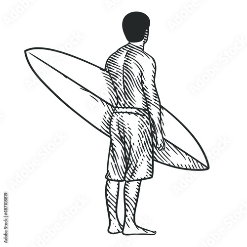 Man with surfboard vector illustration in engraving style
