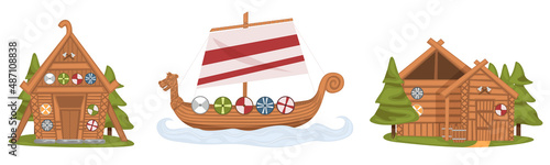 The Vikings. Drakkar, wooden sail boat, wooden house. Scandinavian mythologyy characters norway