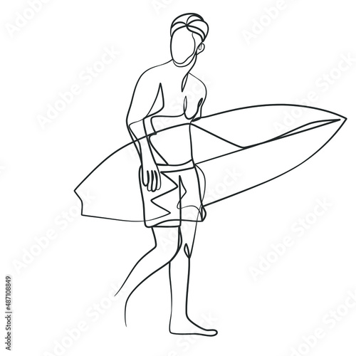 Continuous line drawing of a surfer with a surfboard