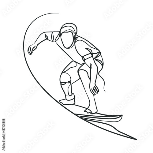 Continuous line drawing of a surfer with a surfboard