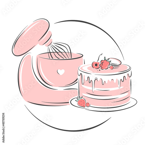 Planetary stationary dough mixer, cake and berries. Cake shop logo. Vector illustration on white background for menu, recipe book, baking shop.