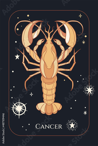 zodiac sign cancer, crawfish, yellow and black, with stars