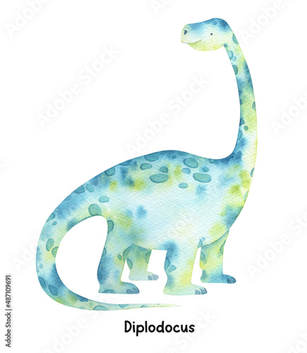 Watercolor cute baby dinosaurs illustration. Diplodocus  baby dino isolated. Jurassic prehistoric hand drawn clipart. Cute animal illustration for kids