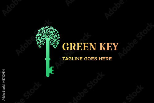 Key with Green Leaf Tree Plant Logo Design Vector