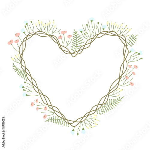 Heart-shaped spring floral card design. Delicate spring flowers and coarse weaving of twigs to decorate the postcard. Spring and summer seasons. Flat vector illustration.