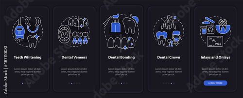 Cosmetic enhancement types night mode onboarding mobile app screen. Walkthrough 5 steps graphic instructions pages with linear concepts. UI, UX, GUI template. Myriad Pro-Bold, Regular fonts used