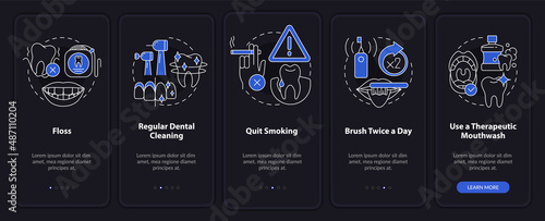 Periodontal disease prevention night mode onboarding mobile app screen. Walkthrough 5 steps graphic instructions pages with linear concepts. UI, UX, GUI template. Myriad Pro-Bold, Regular fonts used