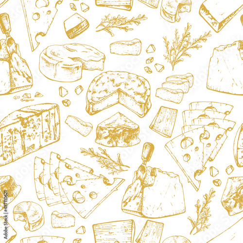 502_CHEESE, different varieties cheese, set of graphic images, seamless pattern, yellow, white,