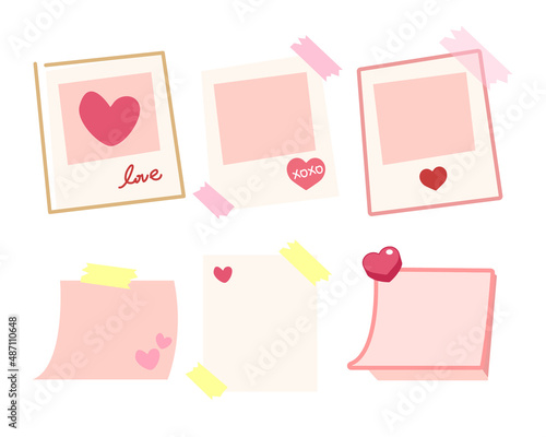 Hand drawn style valentine photo frame with pink heart and memo note paper vector illustration