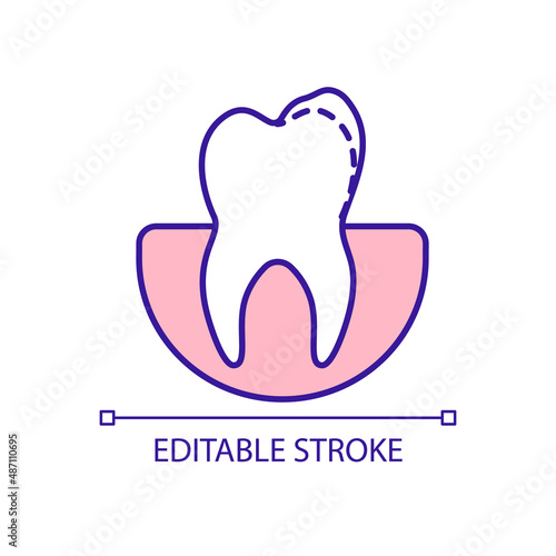 Tooth reshaping RGB color icon. Dental contouring. Teeth trimming. Cosmetic dentistry. Improving shape. Isolated vector illustration. Simple filled line drawing. Editable stroke. Arial font used