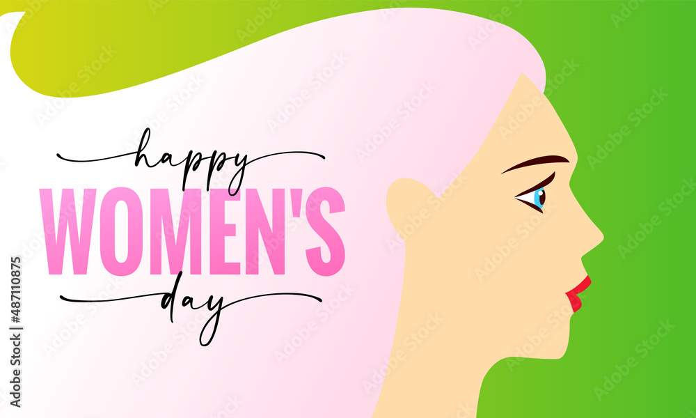 Happy Womens Day card with beautiful woman. International womens day 8 March elegant lettering on curl hair Happy Womens Day card with beautiful woman. International womens day 8 March elegant lettering on curl hair