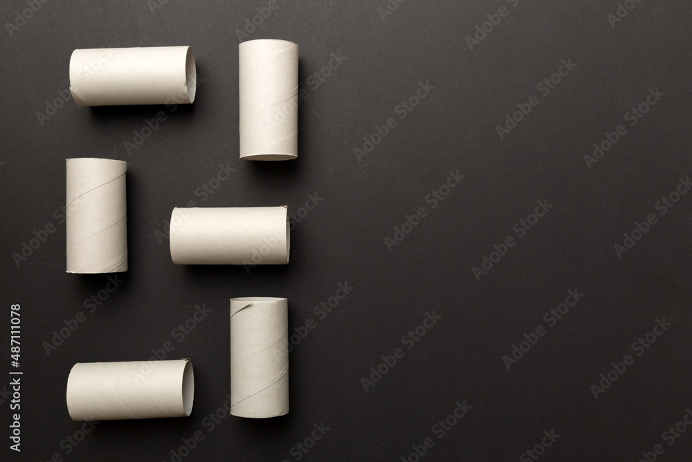 Flat lay composition with empty toilet paper rolls and space for text on color background. Recyclable paper tube with metal plug end made of kraft paper or cardboard Flat lay composition with empty toilet paper rolls and space for text on color background. Recyclable paper tube with metal plug end made of kraft paper or cardboard