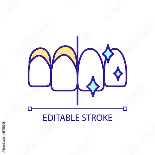 Teeth whitening treatment RGB color icon. Bleaching procedure. Cosmetic dentistry. Install porcelain veneers. Isolated vector illustration. Simple filled line drawing. Editable stroke. Arial font used