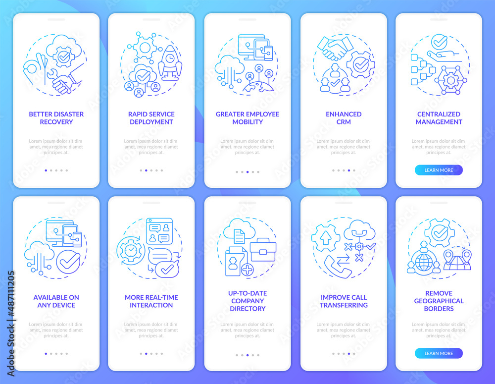 UCaaS blue gradient onboarding mobile app screen set. Communication walkthrough 5 steps graphic instructions pages with linear concepts. UI, UX, GUI template. Myriad Pro-Bold, Regular fonts used