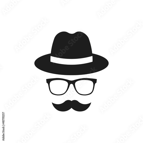 Fedora hat, glasses and mustache icon. Vector. Flat design.