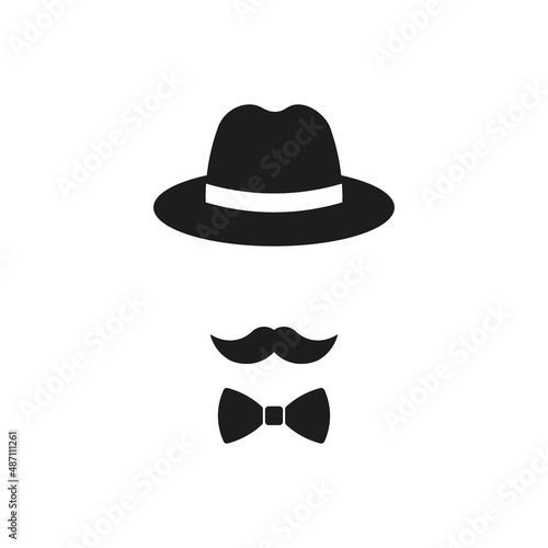 Fedora hat, mustache and bow tie icon. Vector. Flat design.