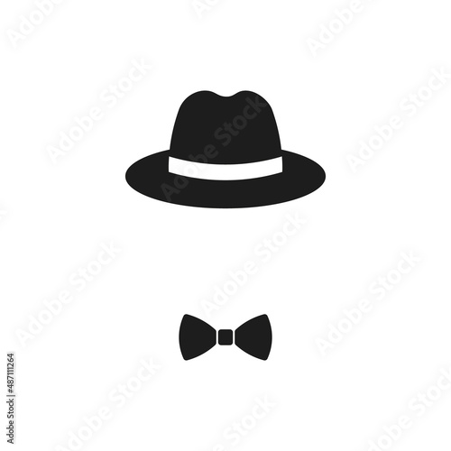 Fedora hat and bow tie icon. Vector. Flat design.