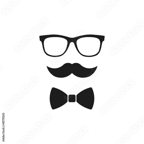 Glasses, mustache and bow tie icon. Vector. Flat design. 