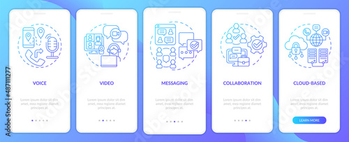 UCaaS functions blue gradient onboarding mobile app screen. Connection walkthrough 5 steps graphic instructions pages with linear concepts. UI, UX, GUI template. Myriad Pro-Bold, Regular fonts used