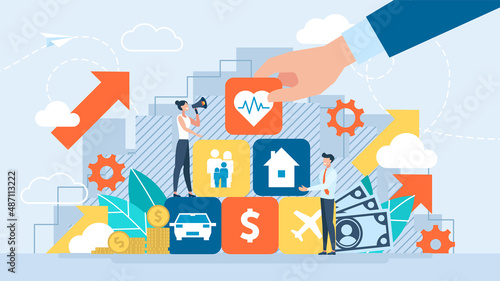 Protection of values. Insurance and Assurance. Life, property, car, health, family, travel, home, business insurance concept. Broker agent. Family protection care. Flat design. Vector illustration.