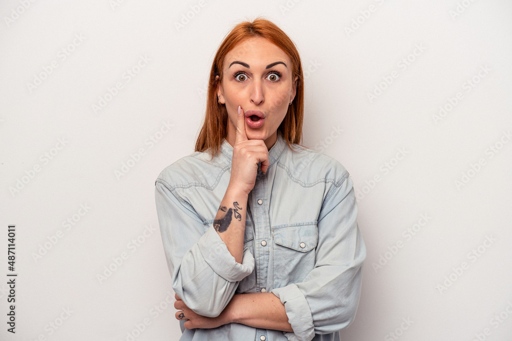 Young caucasian woman isolated on white background having some great idea, concept of creativity. Young caucasian woman isolated on white background having some great idea, concept of creativity.