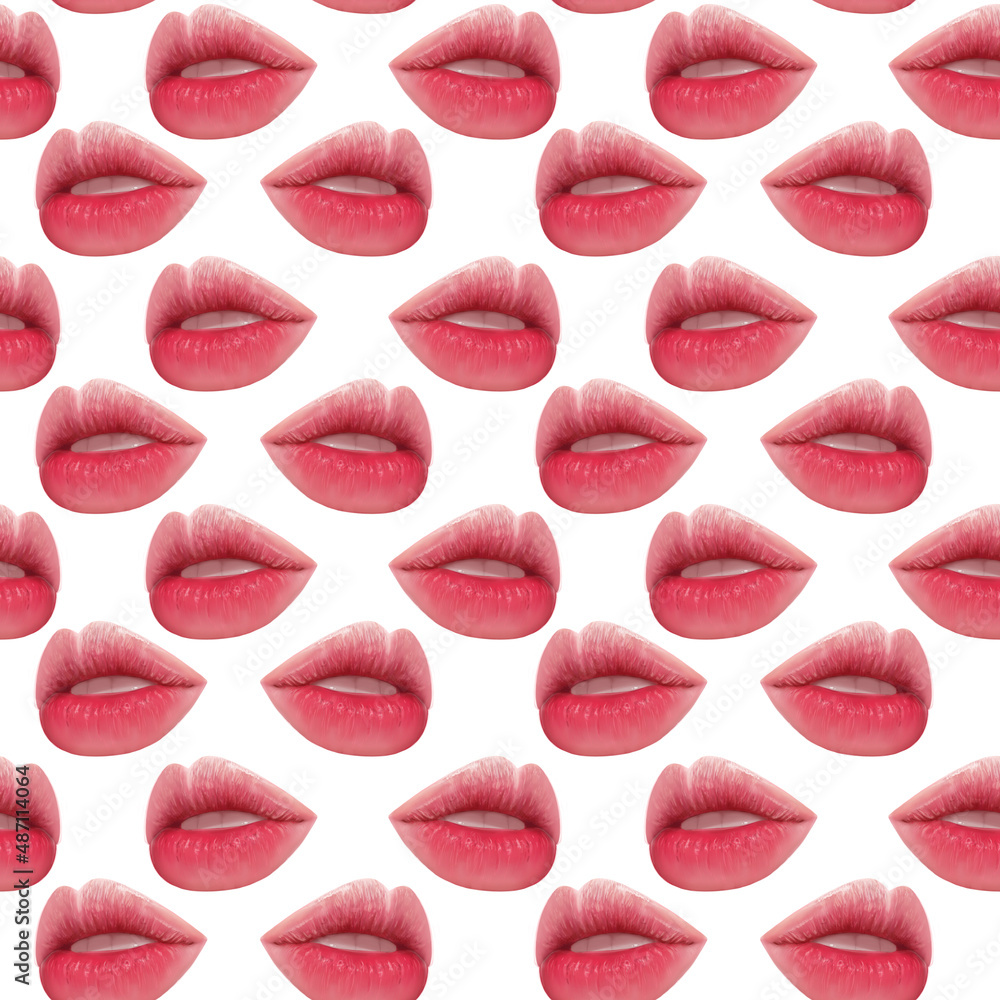 Illustration realism seamless pattern female lips of pink color on a white isolated background. High quality illustration Illustration realism seamless pattern female lips of pink color on a white isolated background. High quality illustration