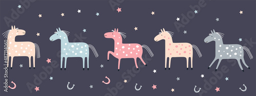 Vector border with cute pastel horses isolated on a black background. Pony set for kids. 