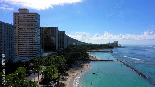 Panning right drone shot of Waikiki beach in Honolulu Hawaii. photo