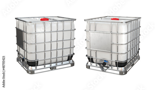Set of two angles IBC container for liquids of white color on a white background, 3d render photo