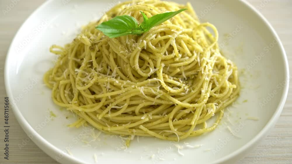 pesto spaghetti pasta - vegetarian food and Italian food style pesto spaghetti pasta - vegetarian food and Italian food style