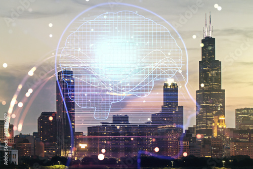 Double exposure of creative human head microcircuit hologram on Chicago office buildings background. Future technology and AI concept