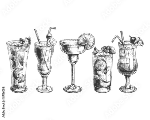 472_cocktail_mojito, blue lagoon, margarita, cuba libre, sex on the beach, set of five cocktails, graphic drawing of drinks in glass glasses