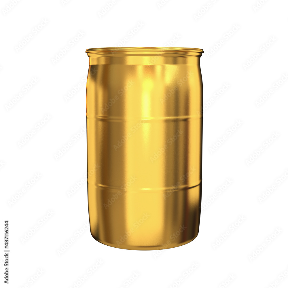 Plastic barrel gold side view on a white background, 3d render Plastic barrel gold side view on a white background, 3d render