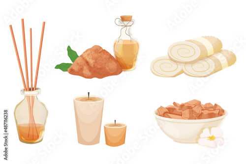 Set rolled towels  aroma candles  incense sticks in bottle  sandal wood pieces and powdered in bowl  oil in cartoon style isolated on white background. Relax  wellness treatment concept.