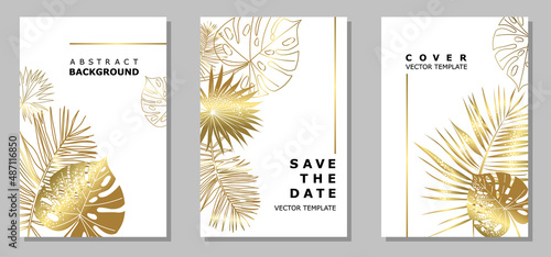 Set of templates with golden tropical leaves on a white background. Group of vertical covers with space for text. Vector illustration.