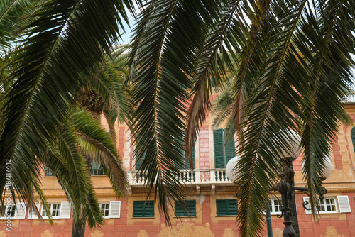 palm tree leaves and branches across of orange and red hotel building with green shutters across sky. Summer vacation mood, background. Mediterranean hotel  © Kate