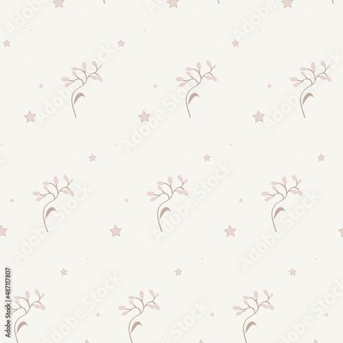 Vector seamless pattern of twig and stars in delicate bed tones.