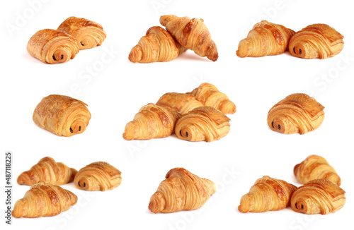 Set of french croissants and croissants with chocolate - petit pain au chocolat isolated on white background. Viennoiserie.
