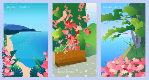 Collection of river and ocean spring landscape with flowers in park for banner, web site, social media. Editable vector illustration