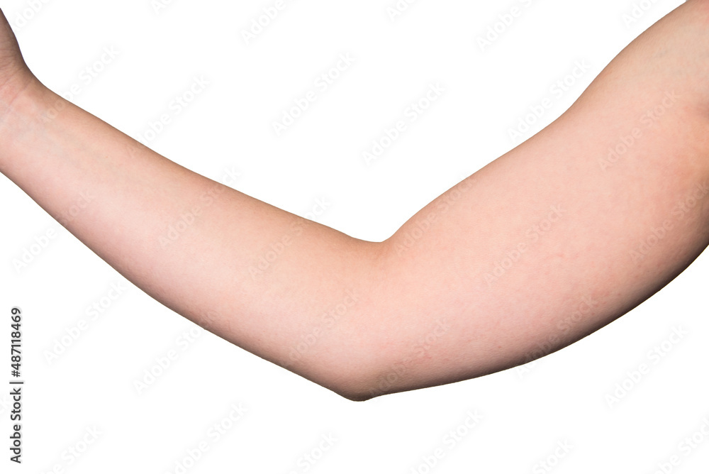 Detalle del codo de un brazo de mujer ligeramente flexionado sobre fondo  blanco. foto de Stock | Adobe Stock